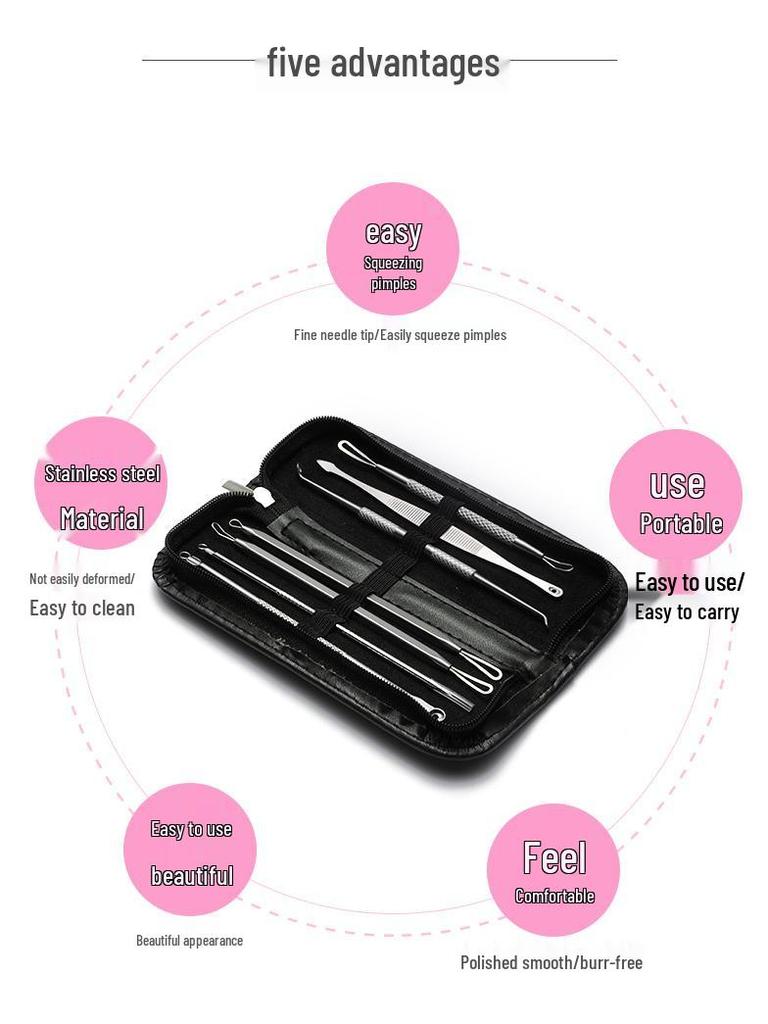 Stainless Steel 7-Piece Blackhead & Pimple Extractor Set with Double-Headed Tools for Acne Removal