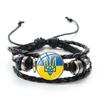 Ukrainian Flag Glass Charm Bracelet Blue Yellow Trident Graphic Vintage Handmade Woven Leather Beaded Bracelet