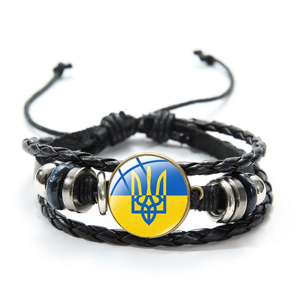 Ukrainian Flag Glass Charm Bracelet Blue Yellow Trident Graphic Vintage Handmade Woven Leather Beaded Bracelet