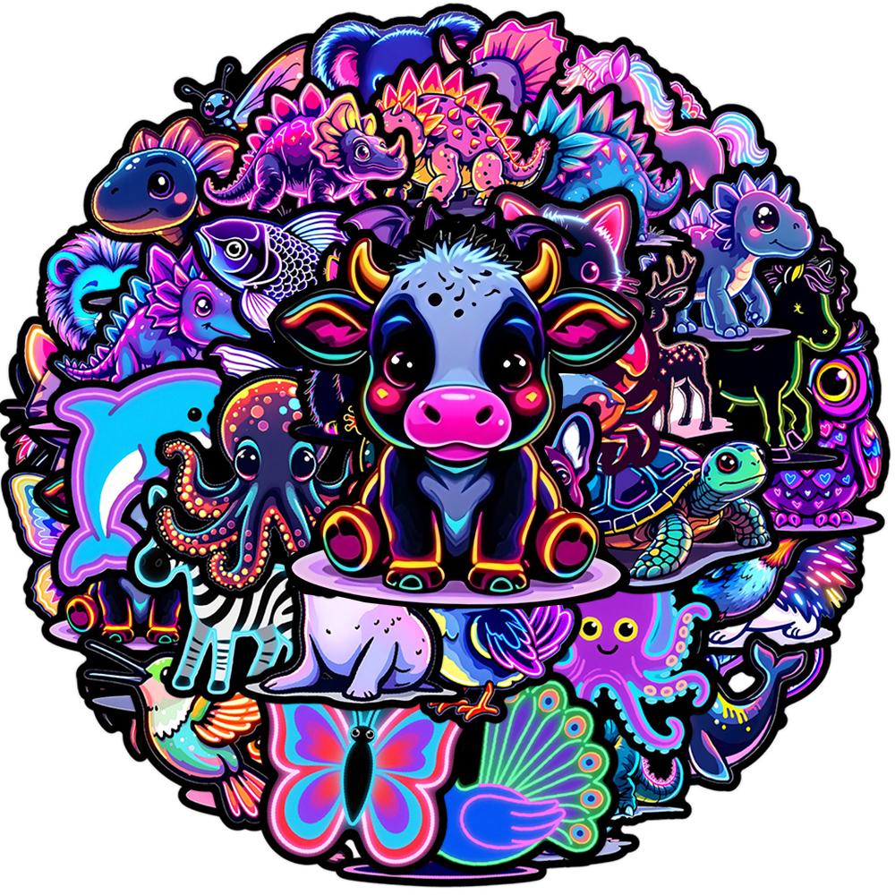 10/30/50pcs Neon Style Mix Animals Stickers Aesthetic Cat Dinosaurs Bird Cartoon Decals Waterproof Graffiti Bike Scrapbooking