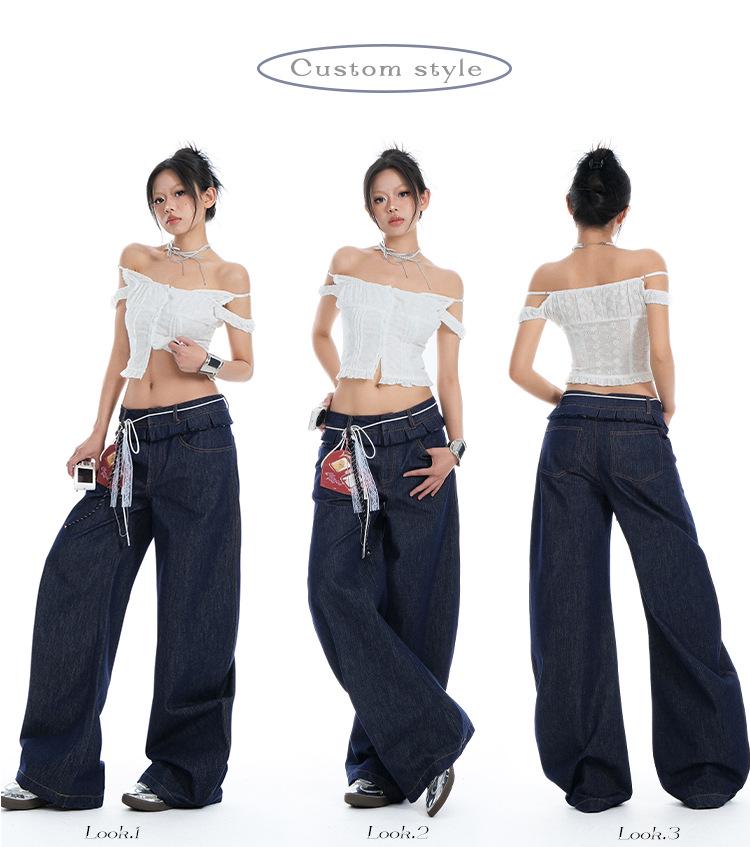 Women's Spliced Double Waistband Curved Leg Jeans - American Design, Loose Fit, Slimming, Wide Leg, for Spring & Autumn 2025