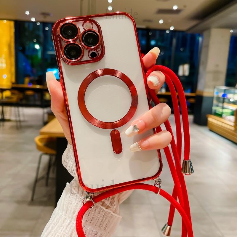 Magnetic Case For iPhone 17 16 14 13 12 11 Pro X XS Max 15 Plus Magsafe Transparent Plating Strap Crossbody Lanyard Neck Cover