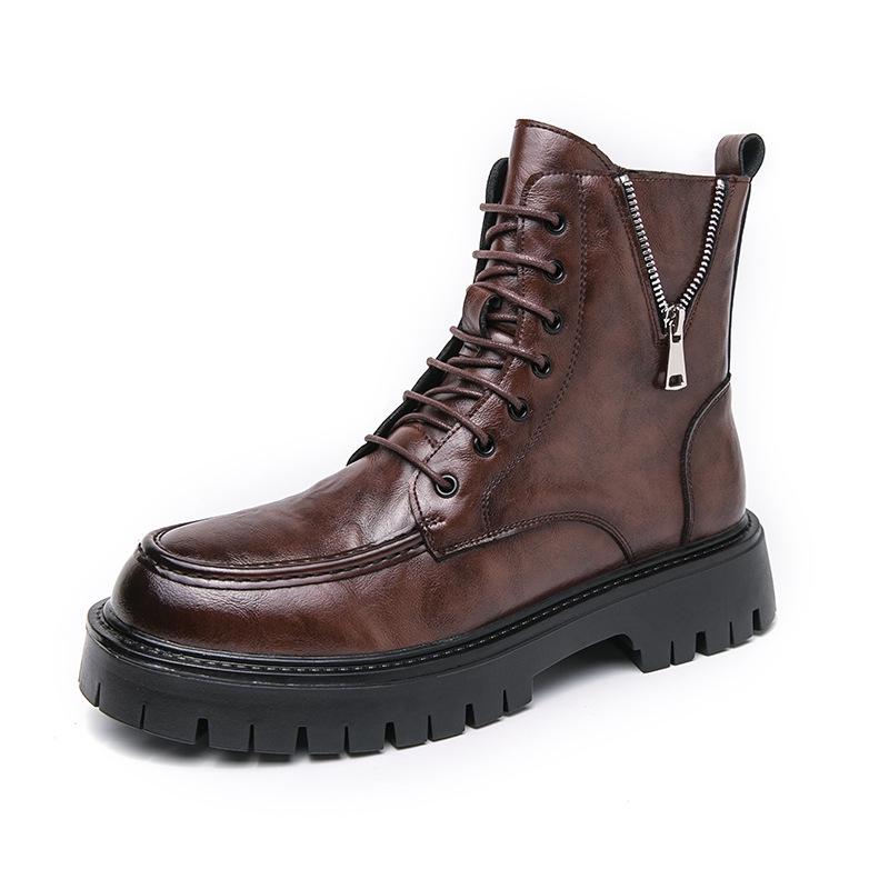 New Men's High-Top Leather Martin Boots - Autumn/Winter European & American Fashion, Lace-Up Motorcycle Ankle Boots.