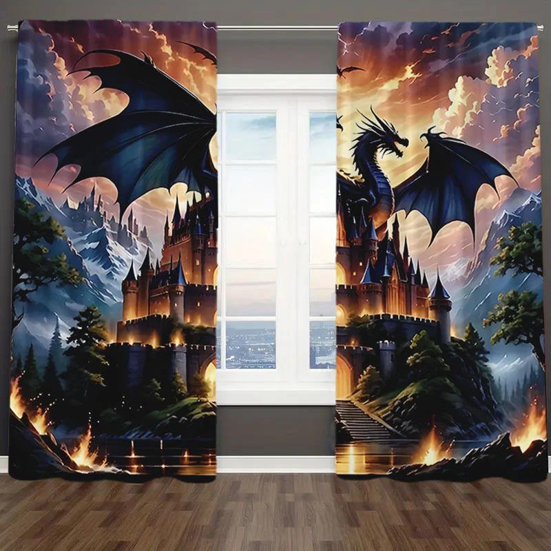 Baifenbai Home Furnishing Black Dragon And Castle Printed Curtains, Pole Bag Design, Bedroom Living Room, Home Decoration, Room Decoration