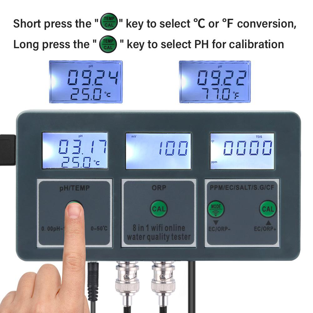 8in1 WiFi Online Water Quality Monitor PH ORP TDS EC Salt S.G Temp CF Meter Tuya APP Aquarium Controller Data Logger Backlight