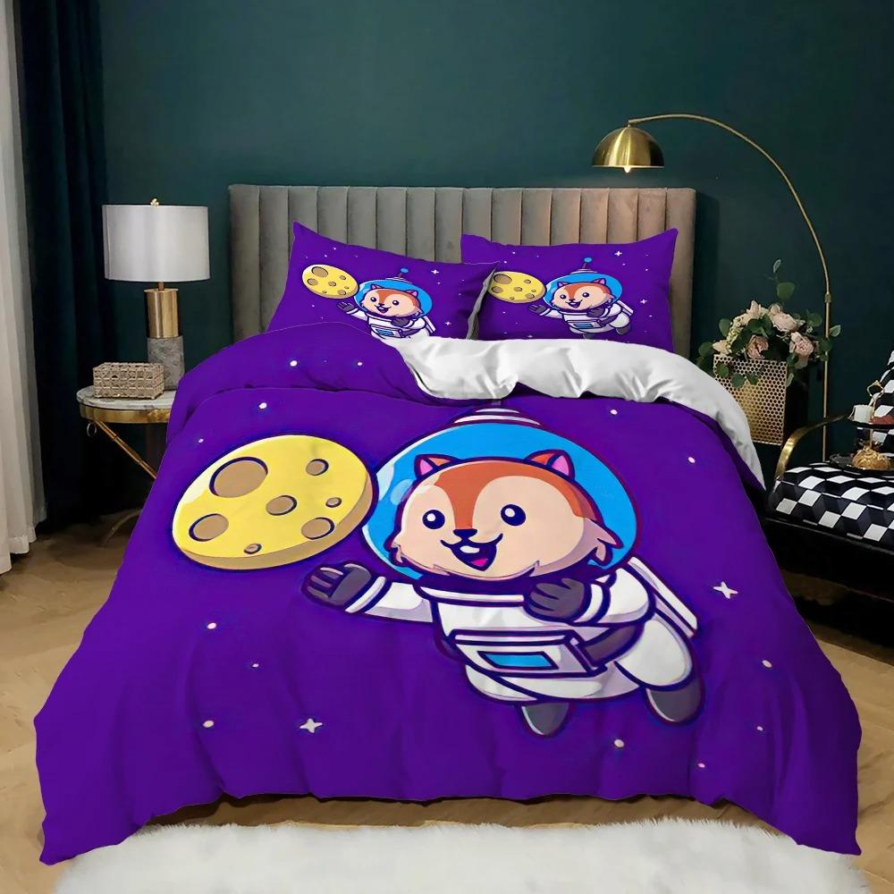 Cartoon Animal Duvet Cover Microfiber Pig Astronaut Red Bedding Set Space Universe Animal Theme King Quilt Cover