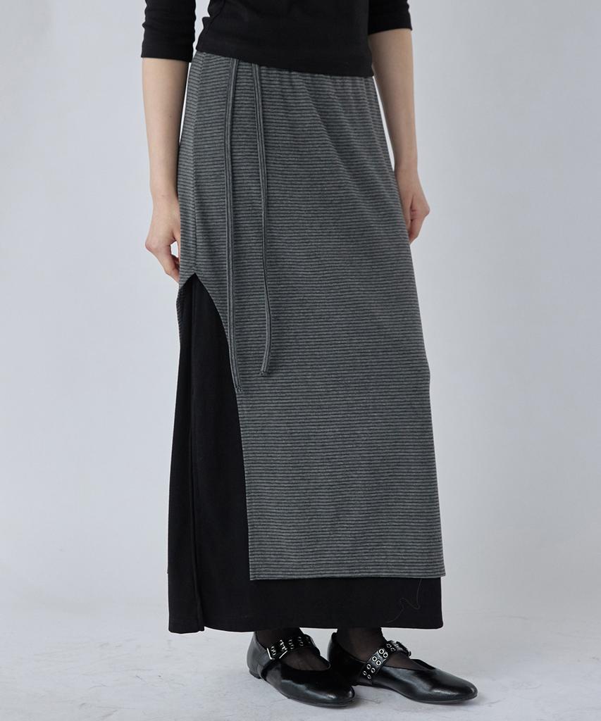 Lense Striped Layered Long Skirt Black