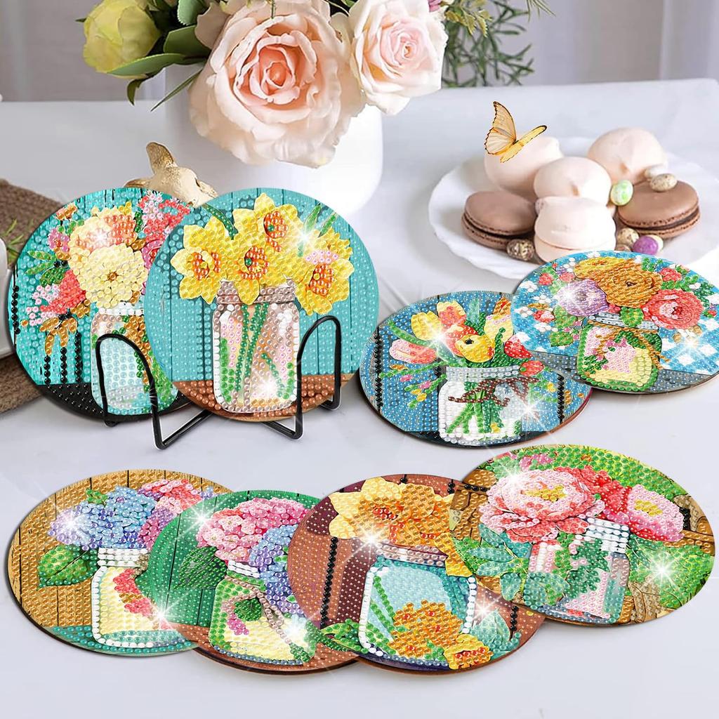 mrpwnle 8-Piece Diamond Art Coaster Kit - Flower Diamond Painting Coaster Kit with Holder, DIY Flower Diamond Art Coaster Kit for Beginners, Adults,