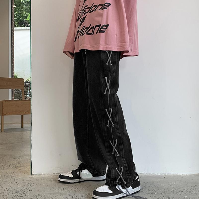 Cross Ribbon Jeans Men's Baggy Denim Pants Y2K Gothic Streetwear Korean Clothing Male Trousers