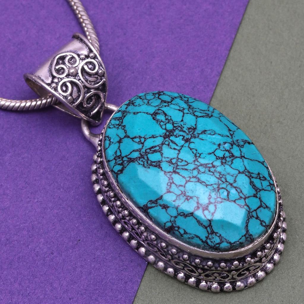 Silver Tibetan Turquoise  Gemstone Jewelry 1.75" Pendant Handmade 1.75''