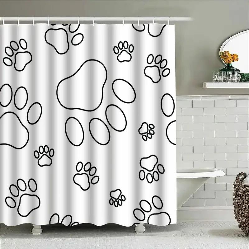 Footprint Shower Curtain Black White Dog Paw Design For Bathroom Decorations