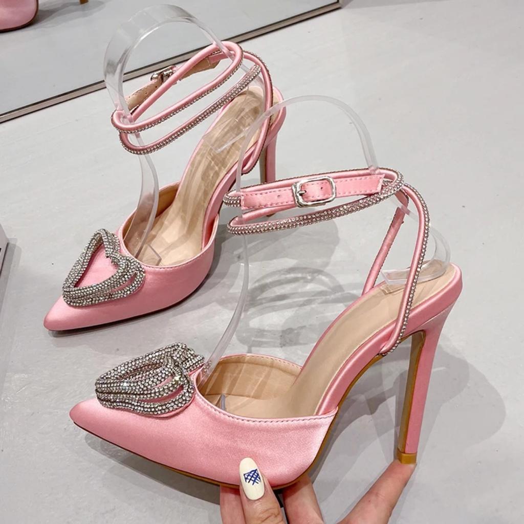 Glitzer Strass Damen Pumps Kristall Herzform Schnalle Sommer Damen High Heels Party Mode Ballschuhe