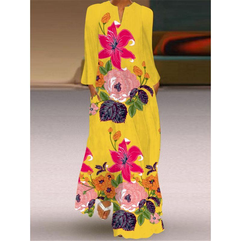 Fashion Style Spring and Summer Fashion New Women's Retro Butterfly Print Long Dress Export V Neck Long Sleeves Pocket Dress