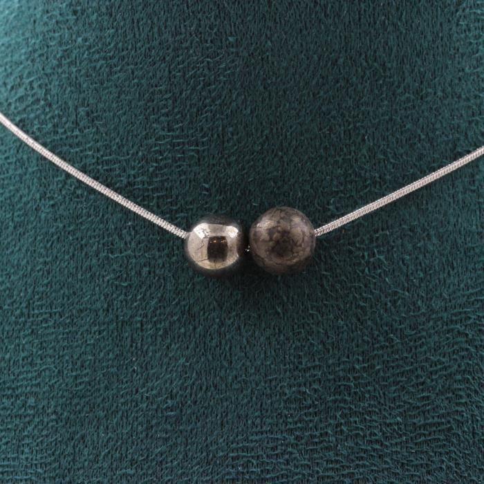 Collier - ABIJOUX - Pyrite d'Espagne - 2 perles 8 mm - Acier inoxydable - Longueur 45 cm