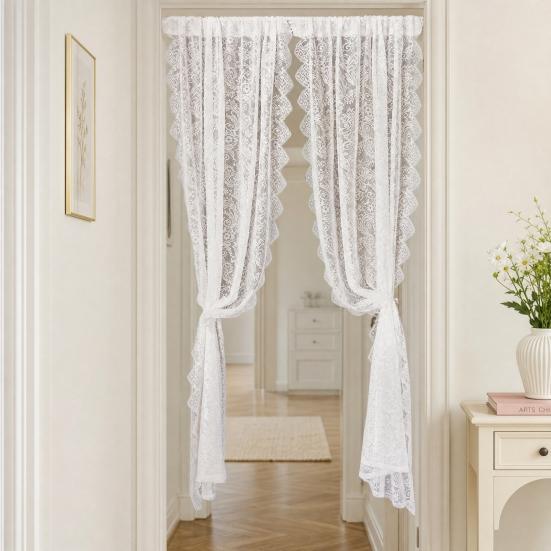 1 Panel White Lace Door Curtain, Sheer Room Divider Curtain, Retro Scalloped Floral Lace Curtain with Rod Pocket for Bedroom Balcony