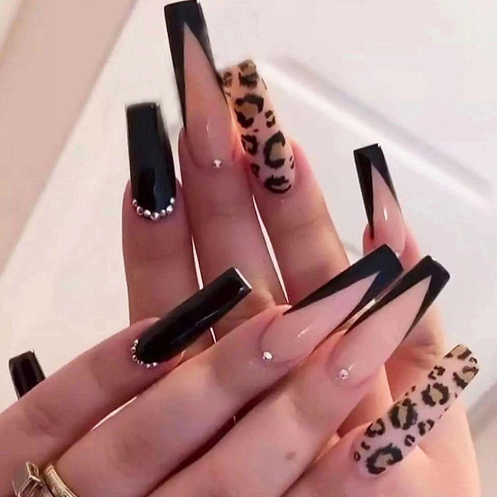 24Pcs Marble Gradient Gold Foil Long Coffin False Nails Full Cover Detachable Press On Nail Tips