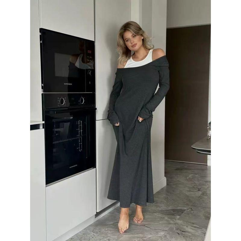 

Fashion Wind Sexy Long Sleeves Patchwork Fake Two-Piece Dress Fake Two-Piece Spliced Dress Khaki L/XL