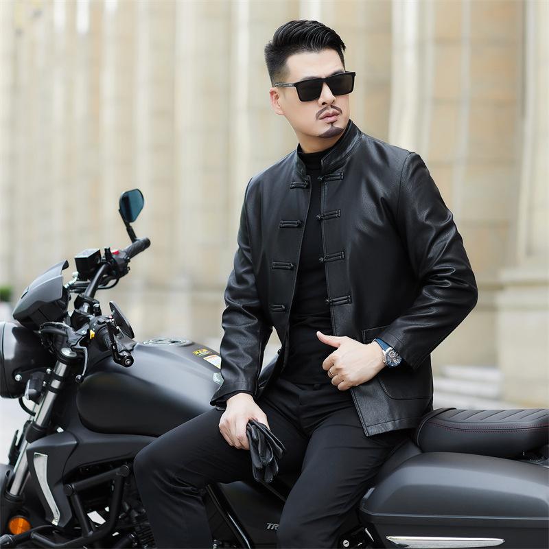 

Новая куртка из натуральной кожи для мужчин среднего и пожилого возраста с воротником-стойкой, весенне-осенняя куртка из овчины в стиле Танг 4XL