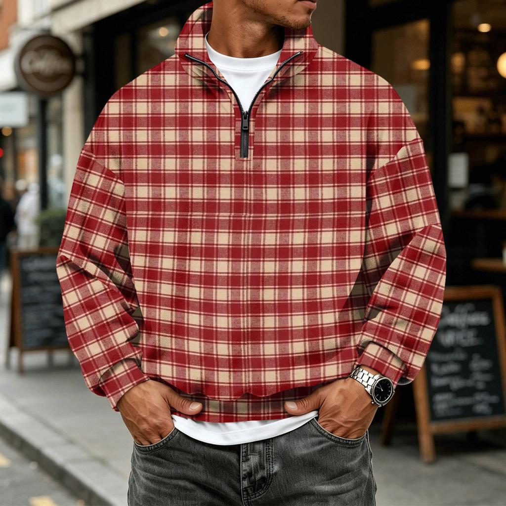 Men's Casual Flannel Long Sleeve Sweatshirt with 1/4 Zip Neck and Plaid Print