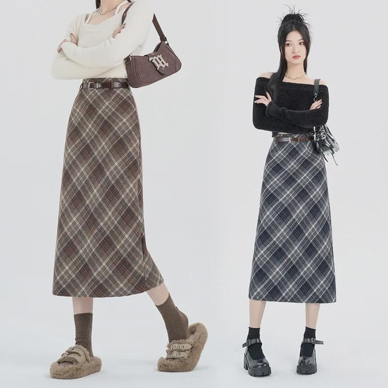 2024 Women's High Waist Woolen Plaid Midi Skirt – Autumn/Winter Korean Style, A-Line with Hip-Wrapped Slit