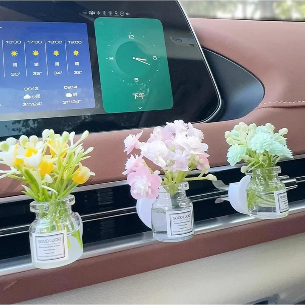 Set Of 4 Cute Flower Bouquet In Glass Vase Car Air Freshener Vent Clips, Mini Artificial Flowers For Car Air Vent Decoration, Auto Interior Dash