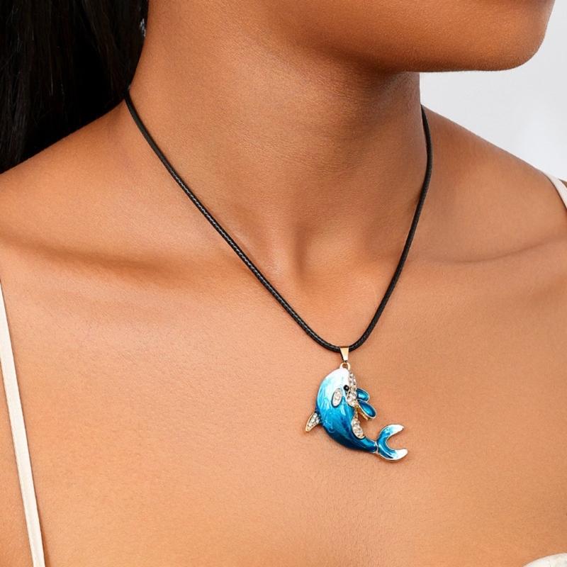 Rhinestones Dolphin Pendant Necklace for Women Adjustable Length Neckchain Choker Lightweight Comfortable Accessory