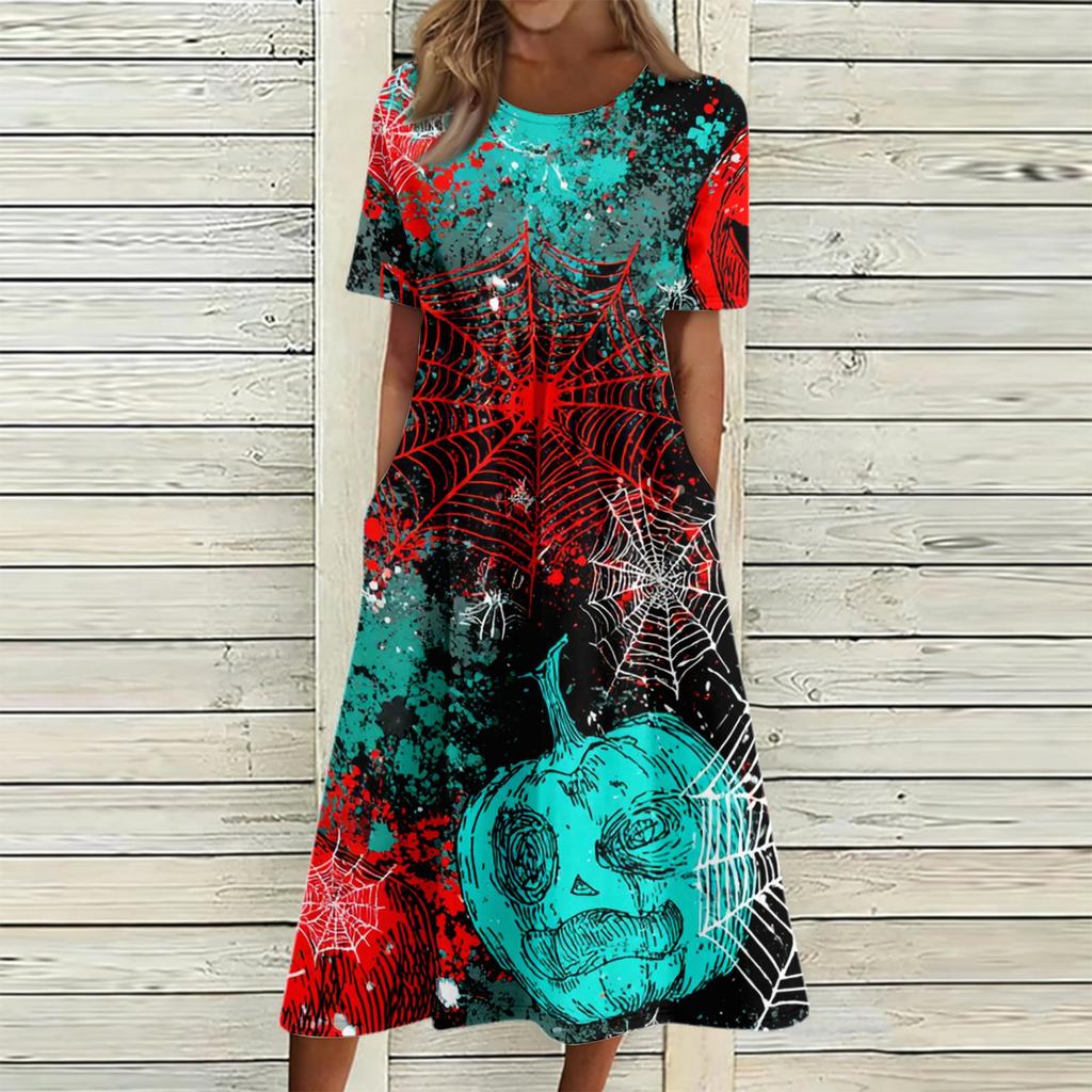 Women's Halloween Print Casual Fashion Round Neck Pocket Midi Dress Comfortable Loose Fit Short Sleeve Dress for Everyday Wear