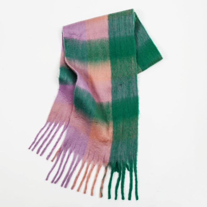 High-end color matching mohair scarf women's autumn and winter warmth thickened versatile plaid tassel