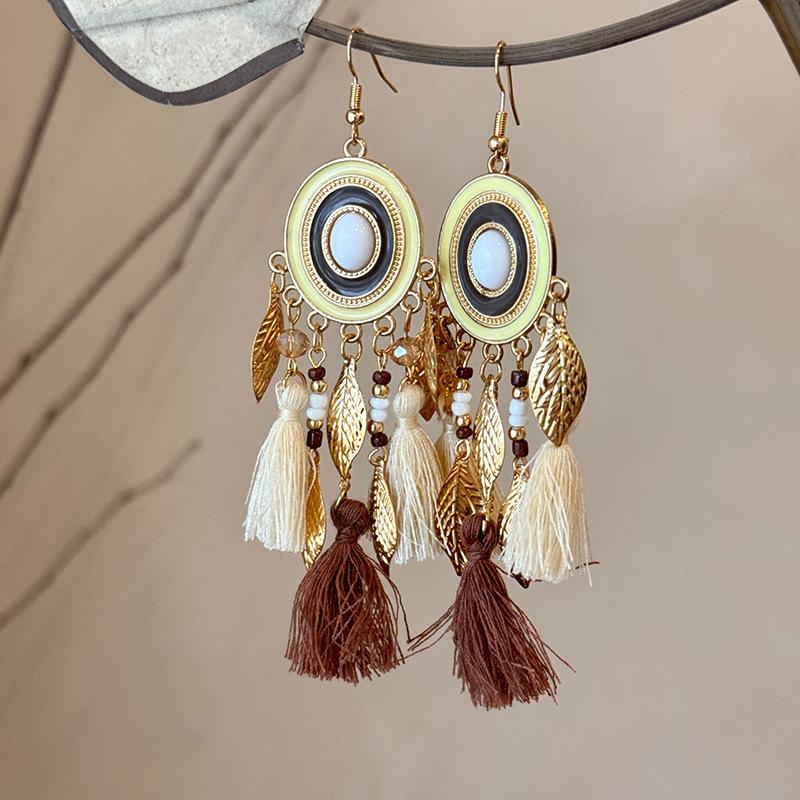 Bohemian Feather Seed Bead Tassel Earrings - Retro Ethnic Dangle Jewelry