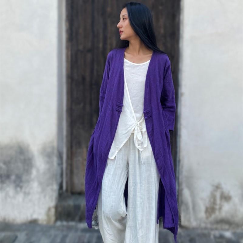 

Johnature: весна-лето, женское модное винтажное однотонное повседневное длинное пальто, хлопковое пальто с длинным рукавом и v-образным вырезом One Size фиолетовый