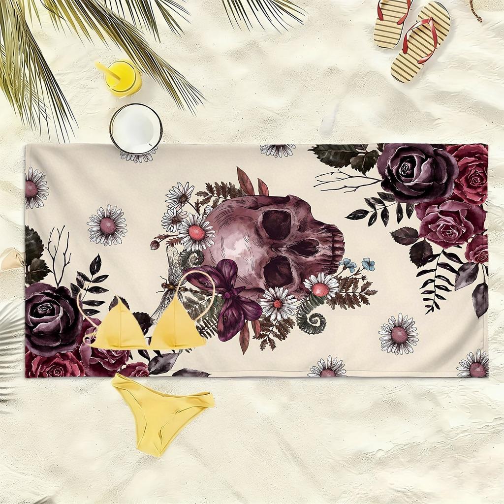 Gothic-style skull with floral patterns polyester microfiber beach towel is highly absorbent suitable for swimming beach outings
