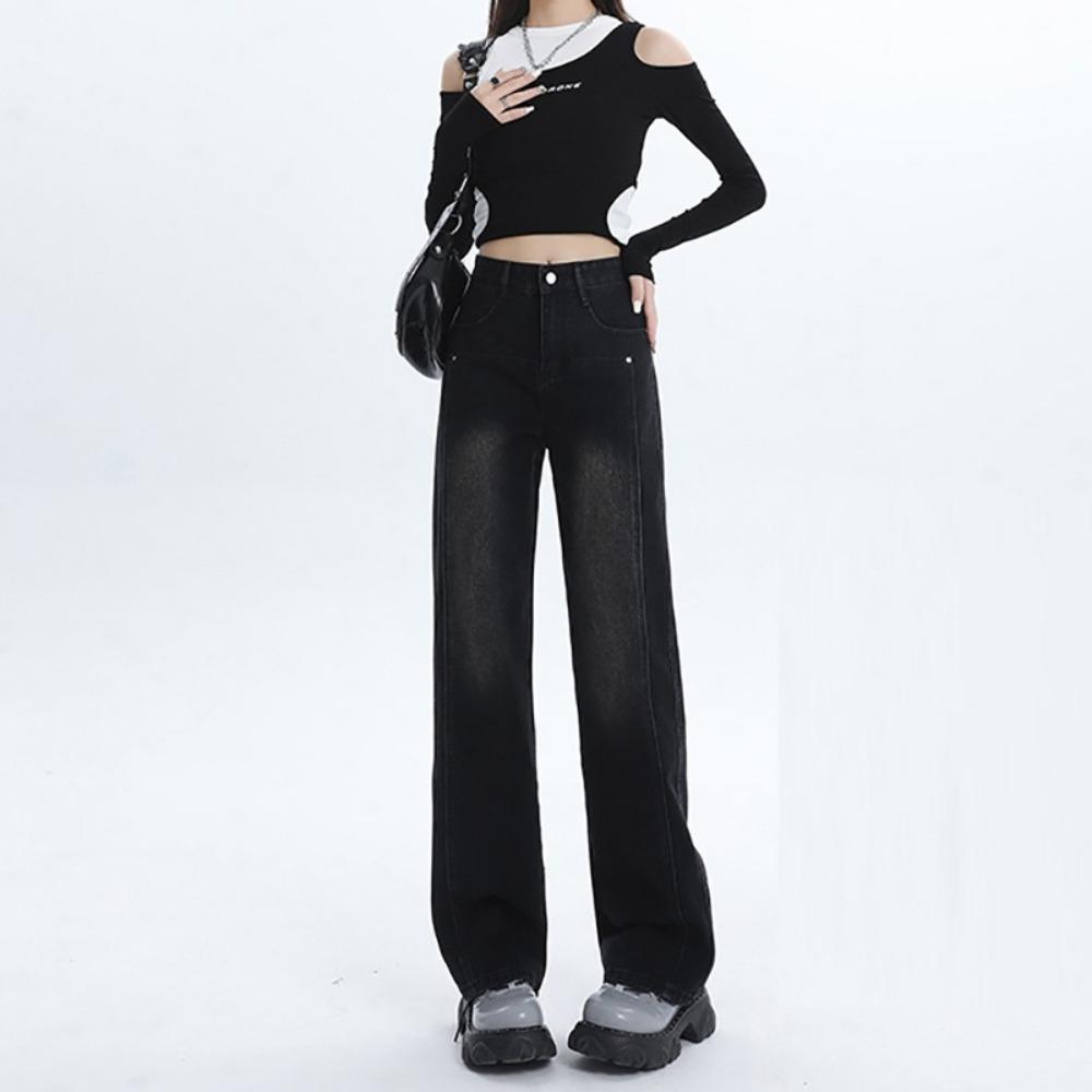 

Корейская версия универсальных джинсов с высокой посадкой, прямых широких штанин, женские, весна и осень, новый дизайн, свободный моп-деним 2XL