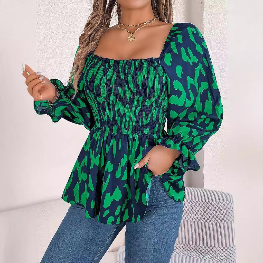 Spring and Autumn Women's Casual Floral Tie Long Sleeve Wooden Ear Blouse