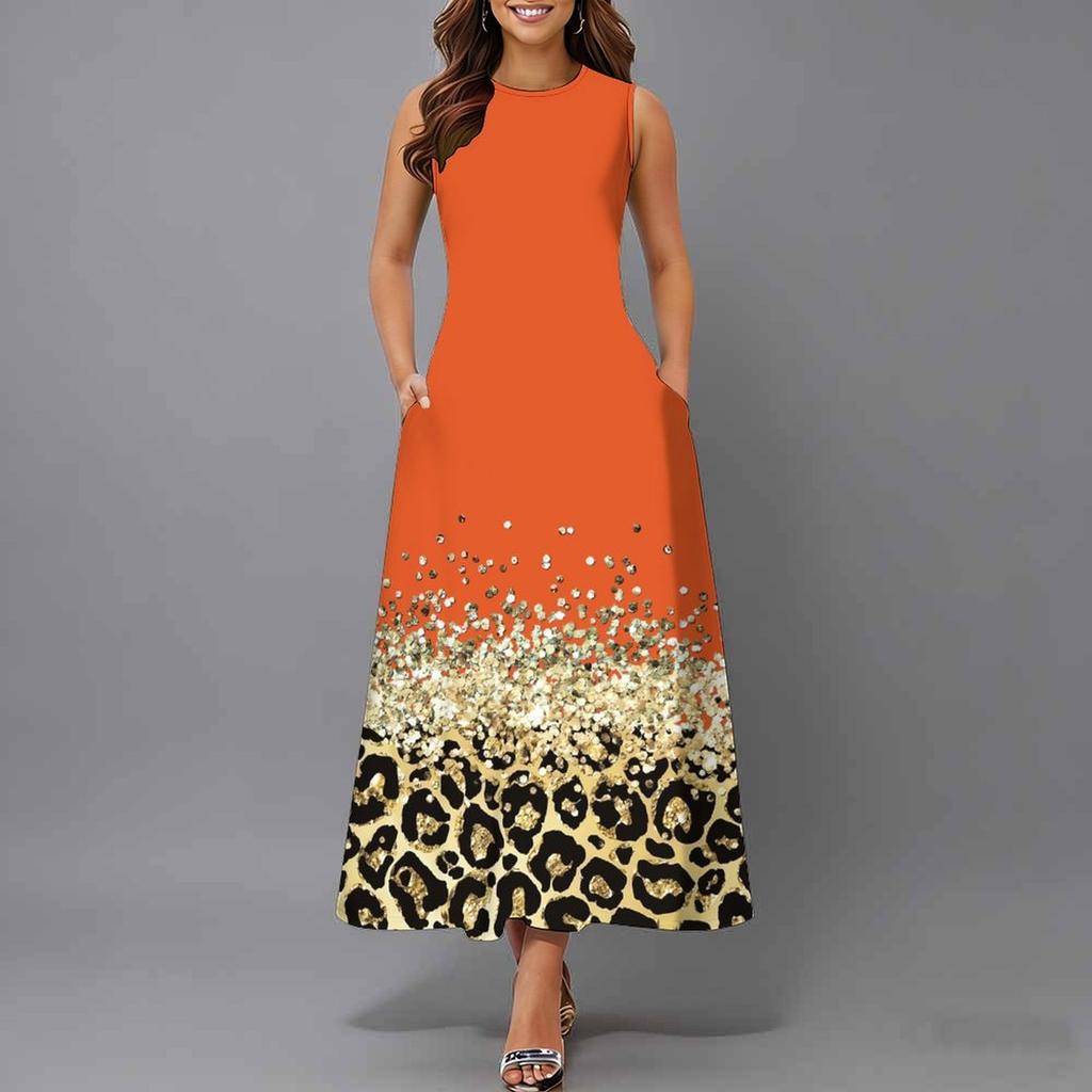 Women Plus Size Sleeveless Crew Neck Dress Bright Ditsy Botanical Flowy Mid Calf Dress