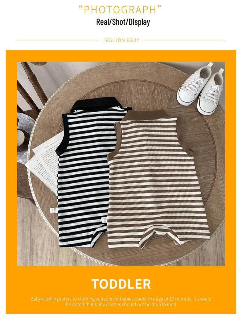 Unisex Infant Striped Sleeveless Romper with Lapel and Snap Crotch