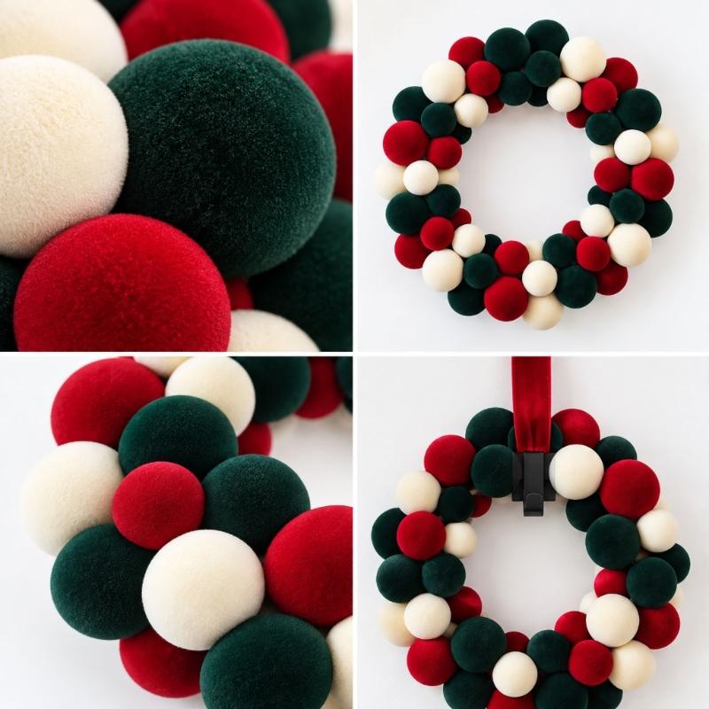 Mixed-Size Flocking Ball Christmas Wreath with a Soft-Finish Look, Rounded Holiday Decoration for Balconies, Entryways and Party Backdrops
