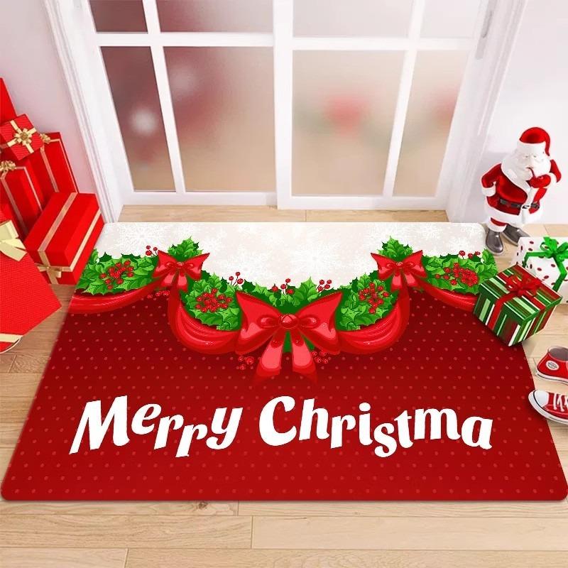 Weihnachts-Fußmatte mit festlichen Mustern wie Schleifen Stechpalmen Weihnachtsmann Rentier Karomuster Geweih Rutschfest Willkommen Eingang Ru