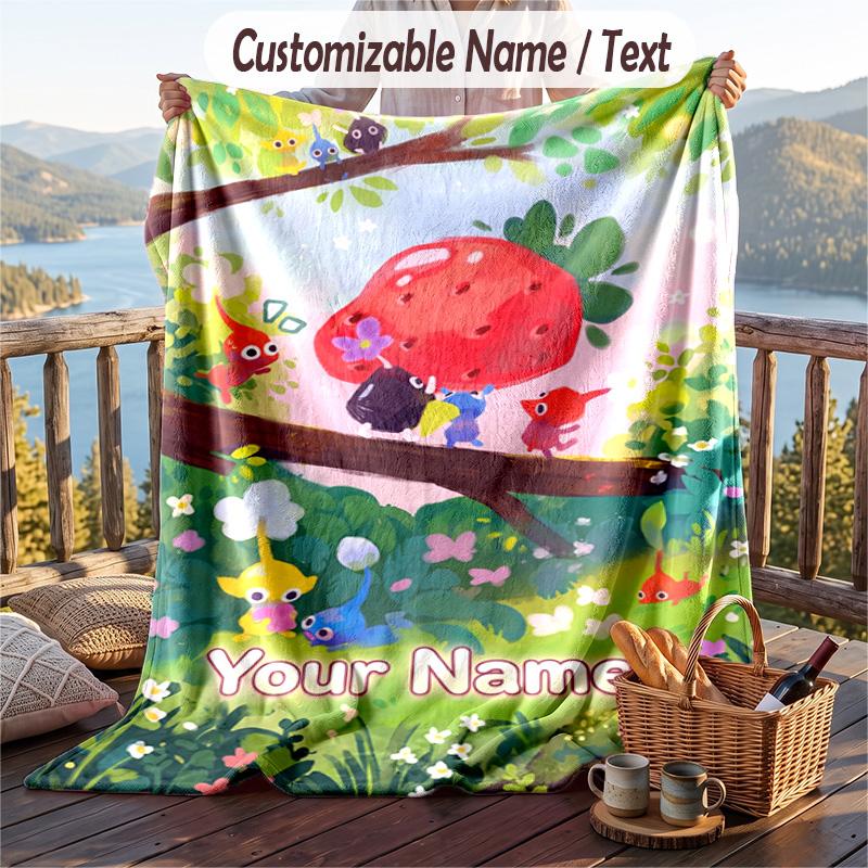 Custom Text Flannel Throw Blanket, Lightweight Cozy Bed Sofa BlanketPikmin