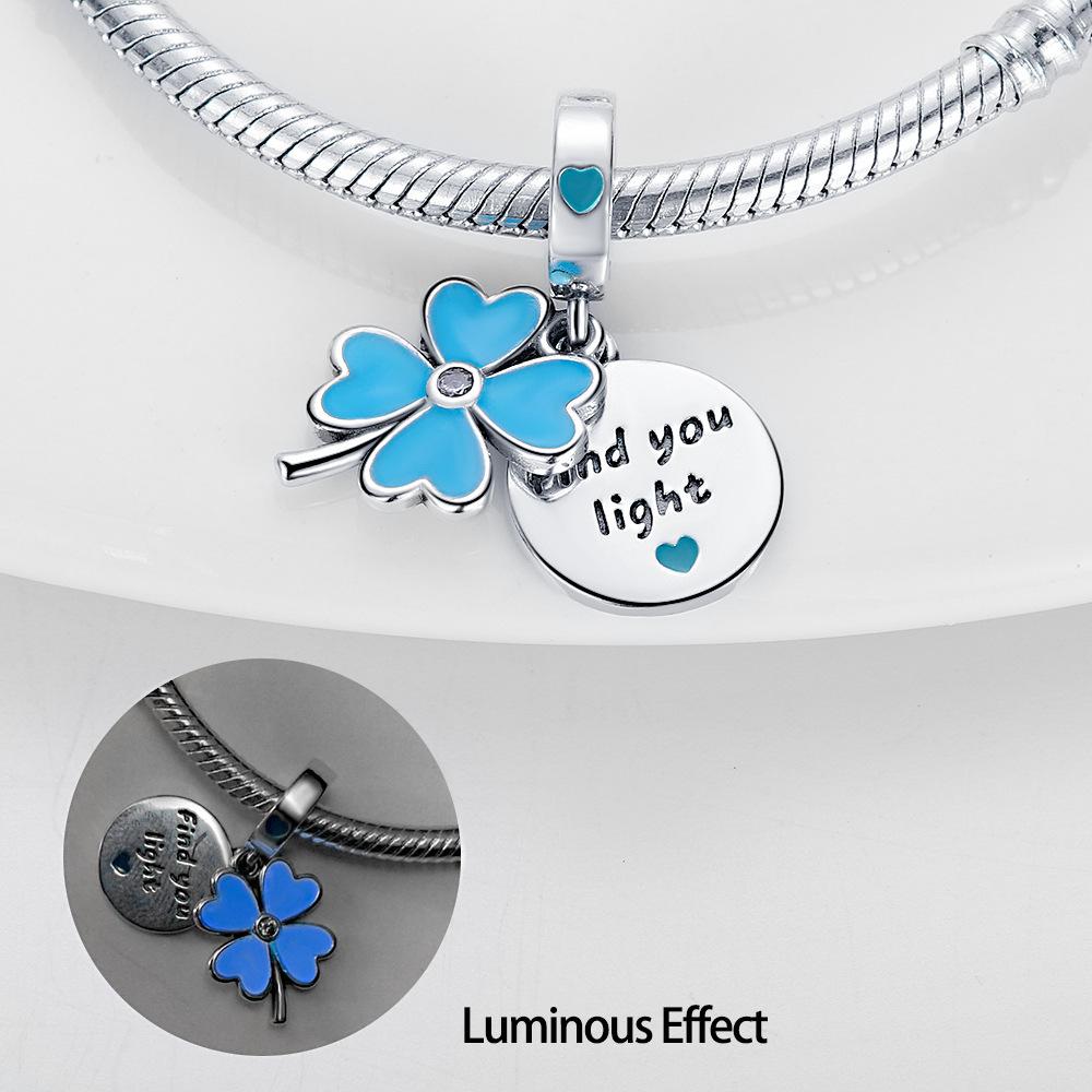 

S925 Silver Glow In The Dark Four Leaf Clover Star Pendant Bracelet Necklace Bead Jewelry Set