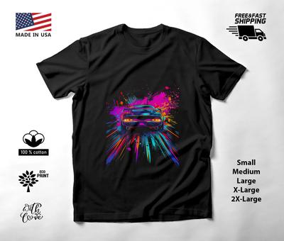 Sports Car Neon Graphic T-Shirt Black Unisex S-2XL