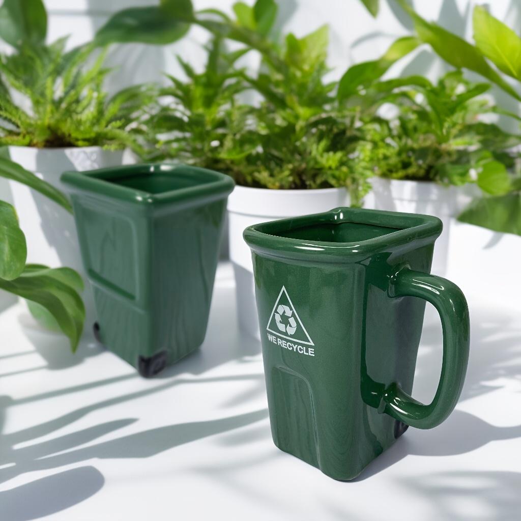 1pc Green Trash Can-Shaped Ceramic Mug , Fun , Creative Design, 380ml Reusable Water Cup with "Waste" Sign, Perfect Gift for Friends, Hand Wash Only