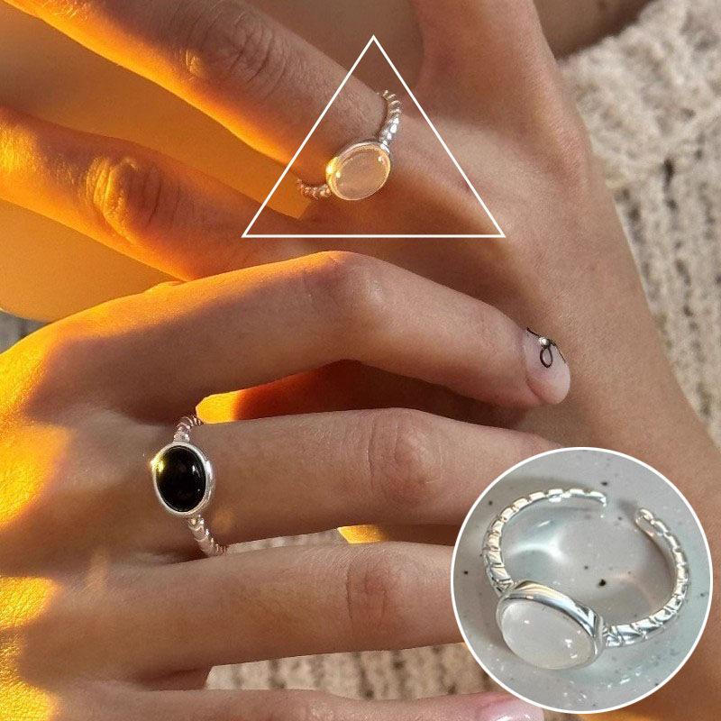 Anel Aberto Oval Preto Banhado a Prata S925 - Moda Hip Hop Punk Feminina, Acessório Empilhável para Dedo Indicador