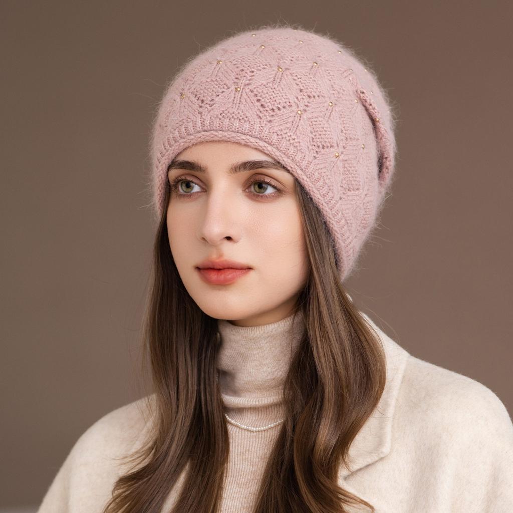 New Rabbit Fur Hat Women's Winter Warm Knitted Headhat Beret Winter Beret for Middle-Aged and Elderly Ladies, Autumn-Winter Season