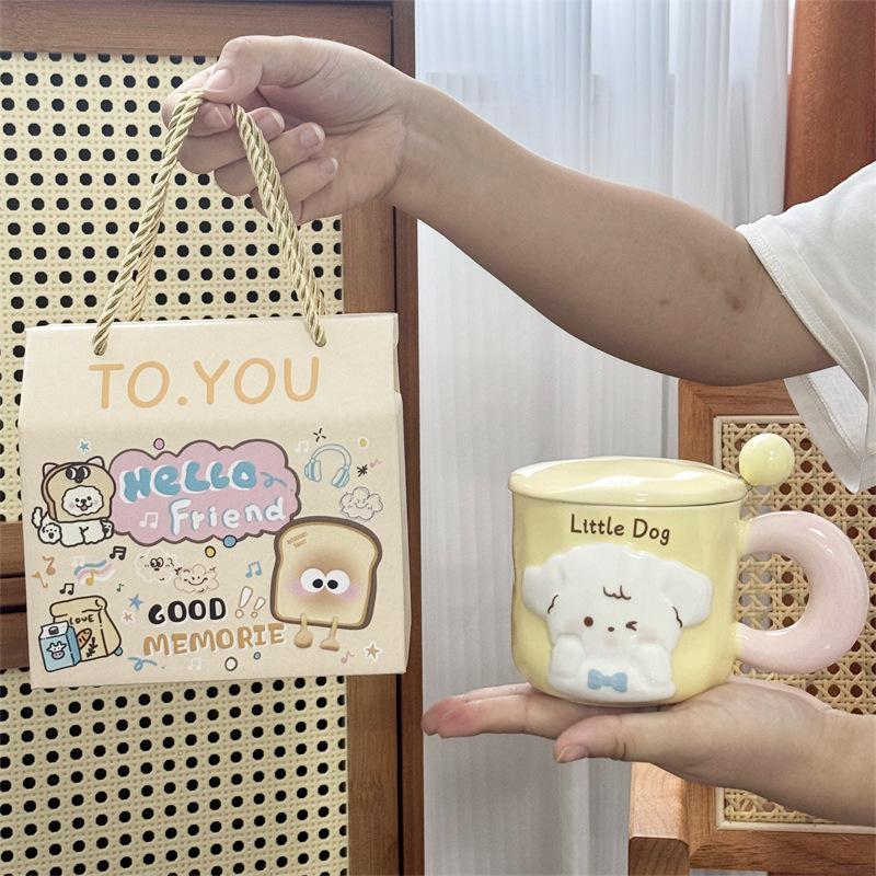 Puppy Mug With Lid Spoon Cute Couple Water Cup Girls Household Creative Ceramic Cup Souvenir Gift Box