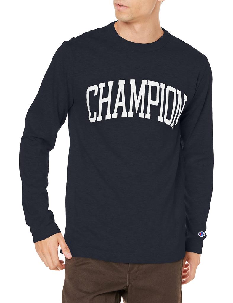Champion Long Sleeve Crew Neck Graphic Logo Print Size S Men's T-Shirt, Navy, (C8-W421Z)