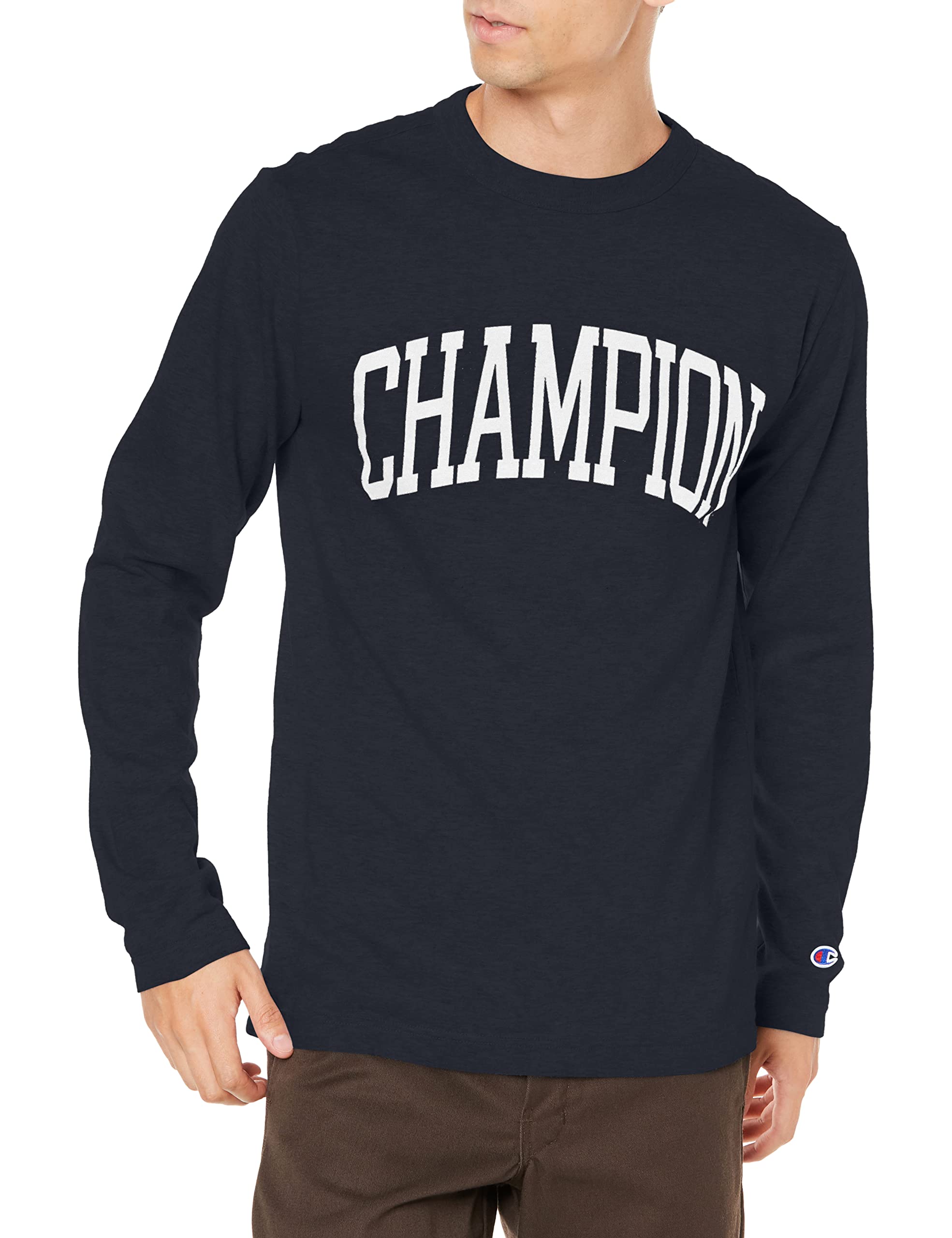 

Champion Long Sleeve Crew Neck Graphic Logo Print Size S Men s T-Shirt, Navy, (C8-W421Z)