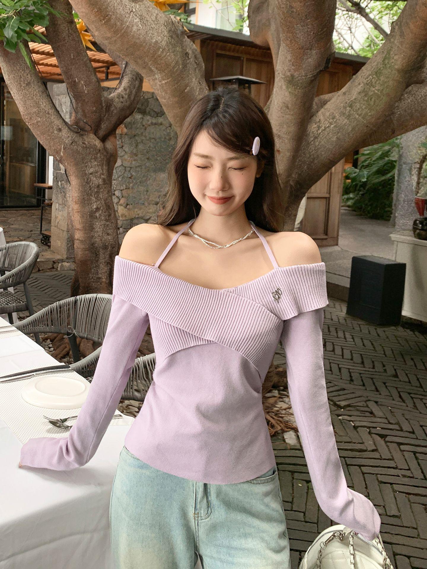 

Pure desire one-word shoulder off-the-shoulder neck long-sleeved knitted sweater women s autumn inner irregular cross-stitched top One size fits all фиолетовый