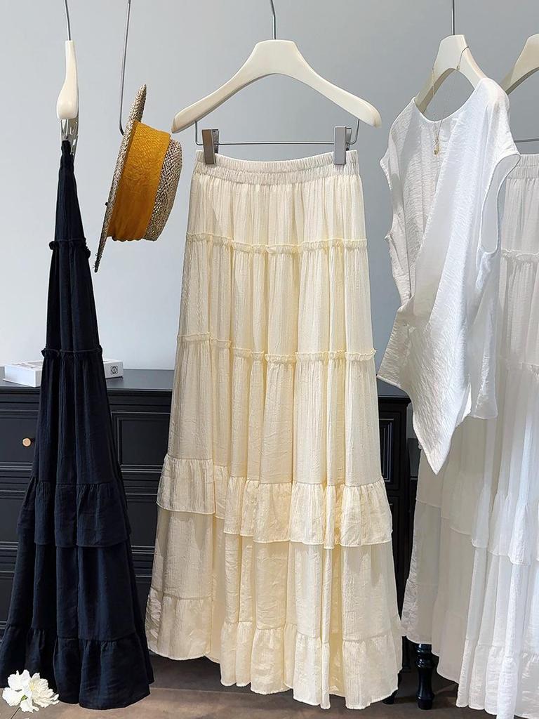 Women's High-Waist Ruffle Patchwork Skirt: Solid Color, Layered Long Hem for Spring/Summer 2026