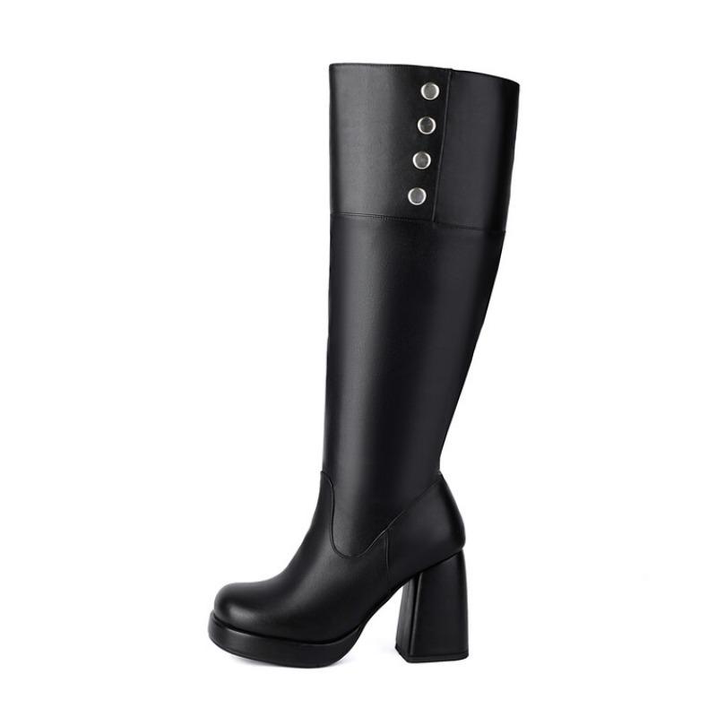 Fashion New Black White 9.5cm High-heel Knee High Boots European American Winter Fashion Round Toe Solid Color Women Boots Size 34-48