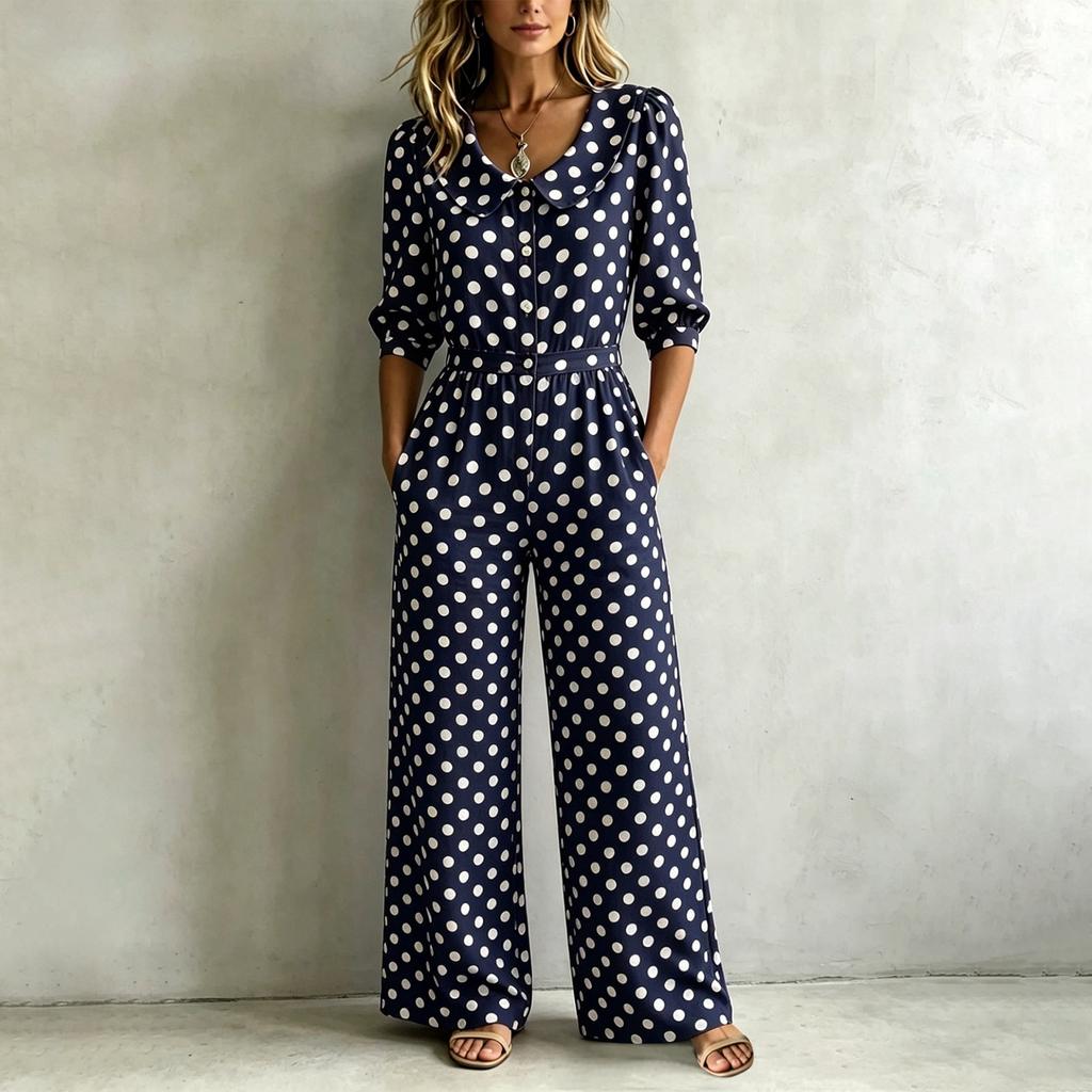 Women's Polka Dot Jumpsuit Casual Vacation One Piece Outfit Wide Leg Elastic Waist 3/4 Sleeve V Neck Button Front